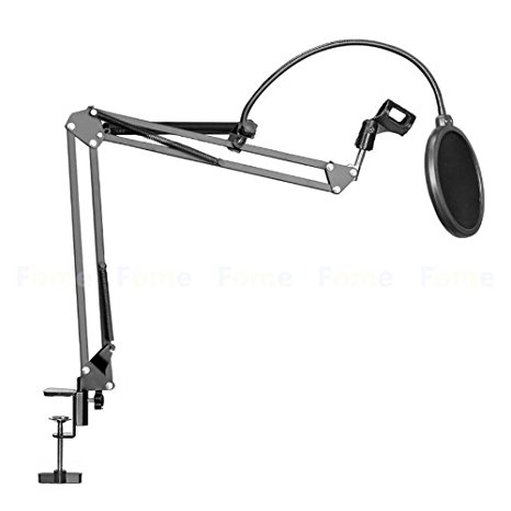 Microphone Stand, FOME Microphone Suspension Boom Scissor Arm Stand with Mic Clip Holder and Table Mounting Clamp with Black Pop Filter Windscreen Mask Shield Kit