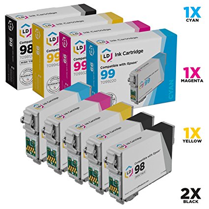LD Remanufactured Replacements for Epson 98 / 99 Set of 5 High Yield Ink Cartridges: 2 T098120 Black, 1 T099220 Cyan, 1 T099320 Magenta & 1 T099420 Yellow for Artisan 700, 710, 725, 730, 800, 810