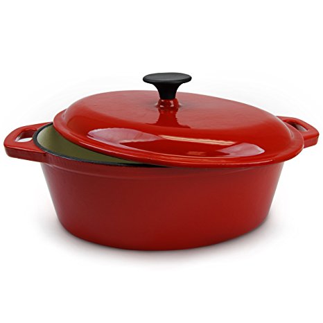 Huswell Enameled Cast Iron Dutch Oven, Casserole Dish, Oval, 6 quart, Red
