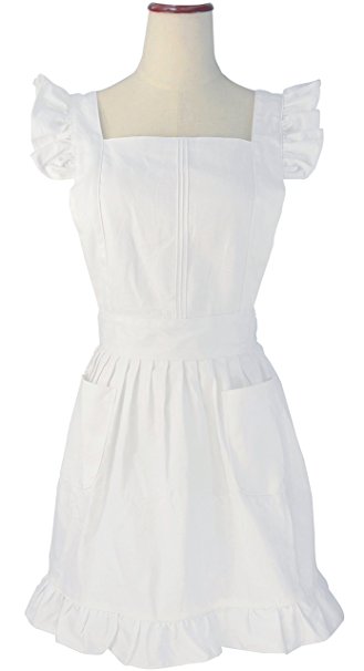 LilMents Retro Adjustable Ruffle Apron Kitchen Cooking Baking Cleaning Maid Costume (White)