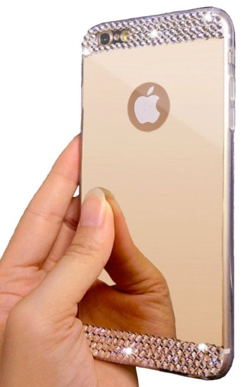 Lifetime Warranty  FREE Screen Protector  iPhone 6 PLUS 6S PLUS 55 Luxury Hybrid Mirror Case Beauty Crystal Rhinestone With Gold Tint Soft Diamond Case iPhone 66S Plus