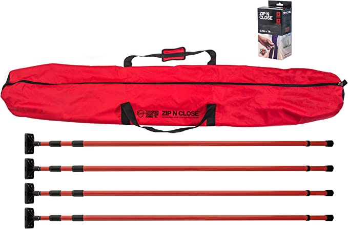 Zip N Close, 10 Foot Spring Loaded Dust Barrier/Containment Pole Kit (Pack of Four Poles, One Zipper, One Bag), Red