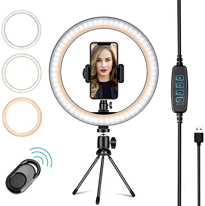 LED Ring Light with Tripod Stand 10" for YouTube Video, Photography, Shooting with 3 Light Modes and 10 Brightness Level Compatible with iPhone/Android
