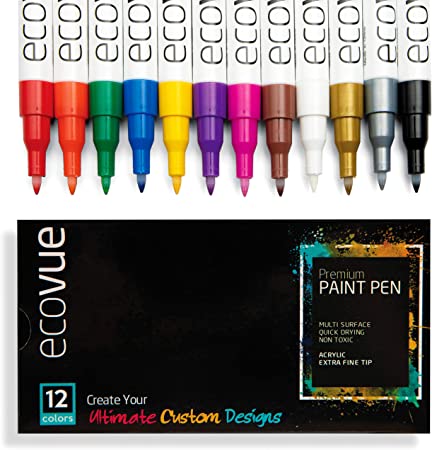 Ecovue Acrylic Paint Pen Markers Extra Fine Tip in 12 Vivid Fast Drying Colors For Glass, Wood, Mugs, Rock, Metal, Clay