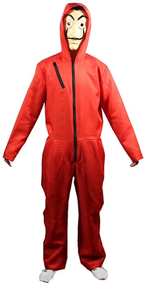 The Paper House La Casa De Papel Costume Halloween Hoodie Coverall Jumpsuit Red with Mask Unisex