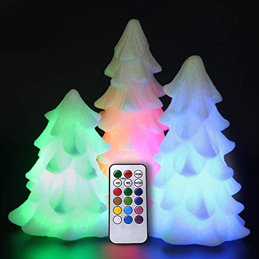 Eldnacele Tree Shaped Christmas Flameless Flilckering Candles Color Changing with 18-Key Remote and Timer Set of 3, Battery Opeated Glitterring LED Candles Seasonal Decoration Ivory