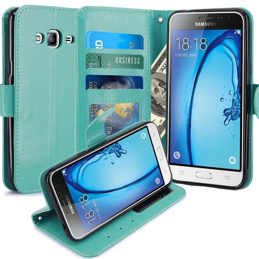 J3 Case, Express Prime Case, Amp Prime Case, LK Luxury PU Leather Wallet Case Flip Cover with Card Slots & Stand For Samsung Galaxy J3 / Express Prime / Amp Prime, MINT