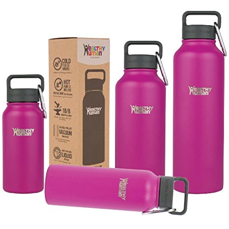 Healthy Human Water Bottle - Cold 24 Hrs, Hot 12 Hrs. 4 Sizes & 12 Colors. 100% Leak & Sweat Proof. Double Walled Vacuum Insulated Stainless Steel Thermos Flask with Carabiner & Hydro Guide.