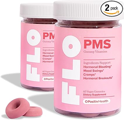 FLO PMS Gummies for Women - Proactive PMS Relief - Targets Hormonal Breakouts, Bloating, Cramps, & Mood Swings with Chasteberry, Vitamin B6, & Lemon Balm - PMS Gummies (Pack of 2)