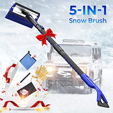 JOYTUTUS Snow Brush, 5-in-1 Extendable 21”-47", Foam Grip Snow Scraper with Brush, No Scratch Ice Scrapers for Car, Detachable ABS Car Snow Brush, Snow Broom with Packaging Bag and Glove