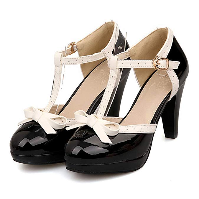 Lucksender Fashion T Strap Bows Womens Platform High Heel Pumps Shoes