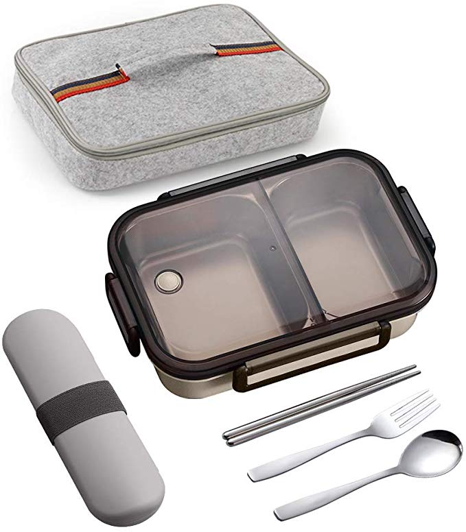 YBOBK HOME Leak Proof Bento Box, 2 Compartments Stainless Steel Lunch Box with Insulated Lunch Bag and Portable Utensil Set, Portion Control Lunch Container, On-the-Go Meal Fruit Snack Packing (Beige)
