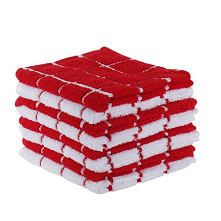 The Weaver's Blend Set of 8 Terry Dish Cloths, Check Design, 100% Cotton, Absorbent, Size 12”x12”, Red Check,Kitchen Towels and Dish Cloths
