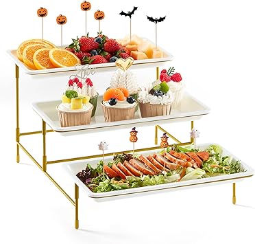 Lifewit 3 Tier Serving Tray for Party Supplies, 12" x 6.5" Plastic Platters for Serving Food, White Reusable Trays with Gold Mental Display Stand for Veggie, Fruit, Cookies, Dessert