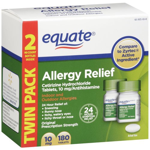 Equate Allergy Relief Cetirizine Hydrochloride Tablets 10 mg/Antihistamine, 90 Tablets, Twin Pack