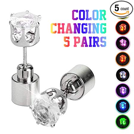 IC ICLOVER 5 Pairs Led Earrings, Changing Color Light Up Earring Diamond Crown Studs Christmas Flashing Blinking Dance Party Accessories Glowing up Decoration for Men Women Boys Girls Female