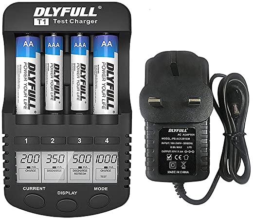 Dlyfull AA AAA Battery Charger, LCD Display Smart Charger(Test, Refresh, Discharging) for 1.2V Ni-MH/CD Rechargeable Batteries(Not Included) with 1000mA Charge Current   USB Port