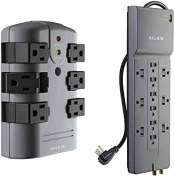 Belkin 6-Outlet Pivot-Plug Surge Protector, Wall Mount (1,080 Joules) & 12-Outlet Power Strip Surge Protector, 8ft Cord(3,940 Joules), Gray