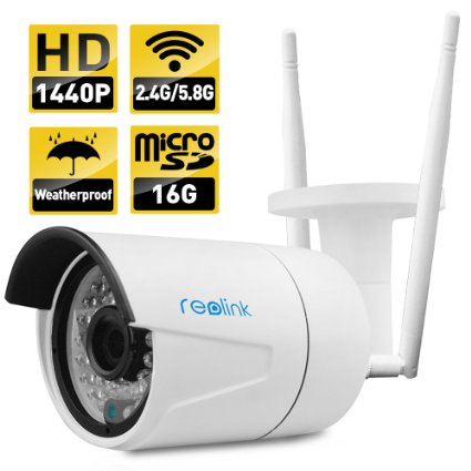 Wireless IP Camera ,Reolink 4-Megapixel 1440P Wireless Security 2.4G/5.8G Dual Mode Wifi Outdoor Bullet , Built-in 16GB Micro SD Card, 2560x1440, Night Vision 65-100ft, E-mail Alert( RLC-410WS )