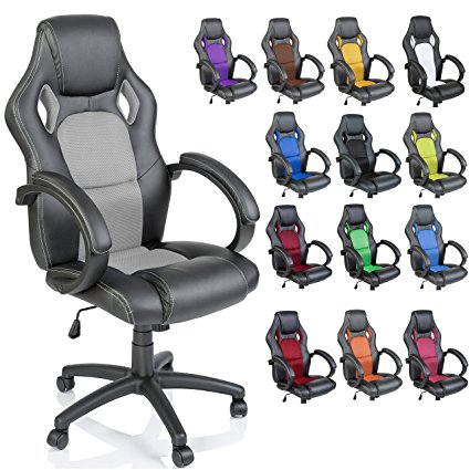 TRESKO Racing Style Faux Leather Office Chair Executive Chair Swivel Chair Silver, 14 colours available, Padded armrests, Racer Gaming Chair with tilt function and nylon castors, ergonomically designed, Gas lift SGS tested