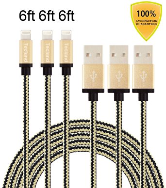 Tecland 3pack 6ft iphone 8pin Nylon Braided lightning cords to USB Cable for iPhone 6s, 6s plus, 6plus, 6,5s 5c 5,iPad Mini, Air,iPad5,iPod.(Black &gold)