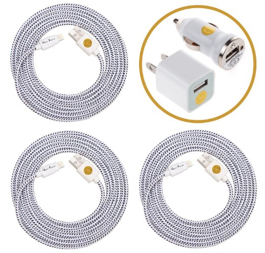 3x 6FT Braided Lightning Cable Charger Cord w Wall Adapter Plug and Car Charger for iPhone 6S 6 5S -Wte