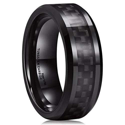 King Will Gentleman 8mm Black Carbon Fiber Inlay Tungsten Carbide Ring Polished Finish Edges Comfort Fit