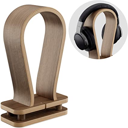 Navaris Walnut Wood Headphone Stand - Wooden Universal Holder Display Hanger for Over-Ear Headphones with Wire Storage - Audio Equipment Accessories