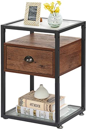 VECELO Modern Nightstand,Tempered Glass End SideTable with Drawer and Rustic Shelf, Decoration in Living Room,Bedroom,Lounge,Walnut Brown