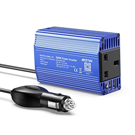 BESTEK 300W Power Inverter DC 12V to AC 230V 240V Transformer Car Charger Lighter Adapter with 3 Pin Plug and Dual USB Ports (Blue)