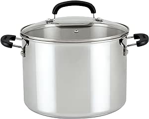 Farberware Brilliance Stainless Steel Stockpot with Glass Lid, 8 Quart, Dishwasher Safe and Induction Ready, Compatible with All Cooktops, Stainless Steel