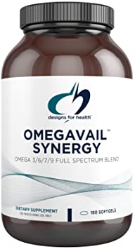 Designs for Health OmegAvail Synergy - Omega 3-6-7-9 Fatty Acids   Triglyceride (Tg) Fish Oil Capsules (180 Softgels)