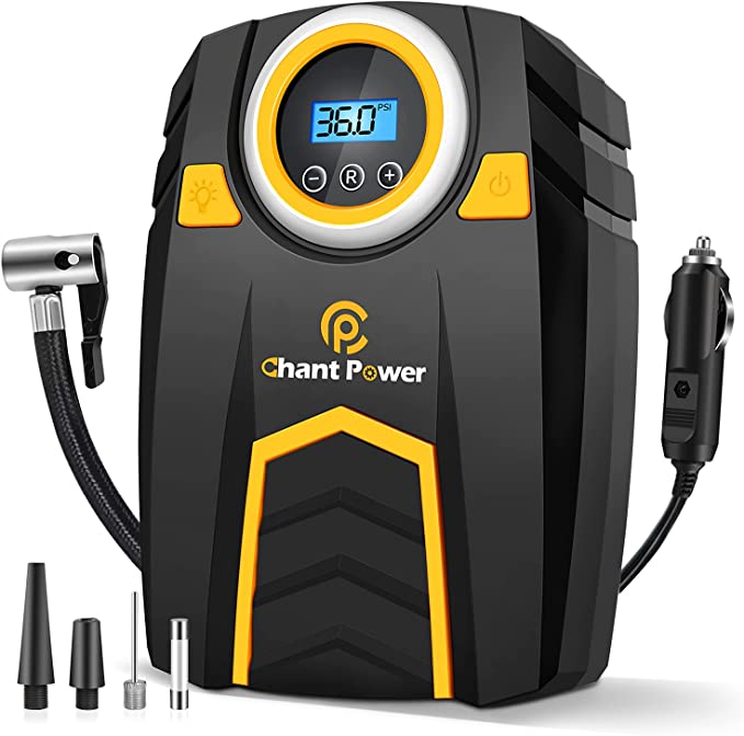 Air Compressor Tire Inflator,12V DC Car Tire Pump with Digital Pressure Gauge, 150PSI with Car Power Adaptor, Auto Shut Off for Car Tires, Bicycles and Other Inflatables, C P CHANTPOWER (1-Yellow)