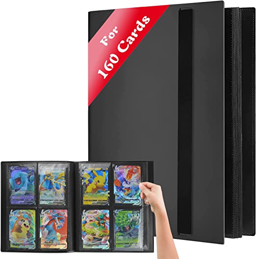 JUSONEY Trading Card Album - 160 Pockets Pokemon Scrapbook 20 Pages Pro 4 Pocket with Waterproof Black Book Cover, Perfect for Collecting Cards for MTG Magic, Pokemon, Yu-Gi-Oh, Match Atta