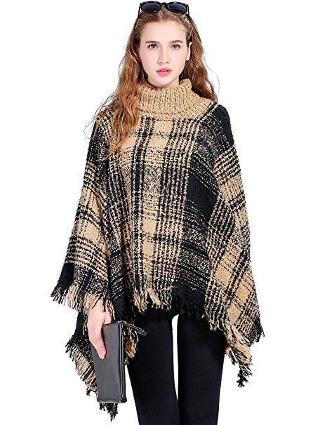 OTIOTI Women's Poncho Sweater Winter Thick Knitted Warm Plaid Pullover Capes Turtleneck Tassel Shawl