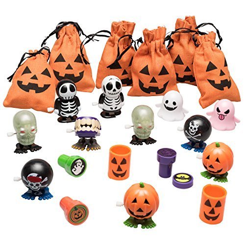 Prextex Halloween Jack-o'- Lantern Canvas Surprise Filled Drawstring Trick or Treat Goody Bags - Set of 6 Bags Filled with Wind Up Halloween fun toys