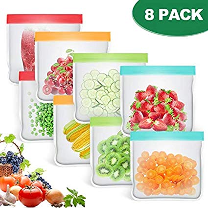 8 PCS Food Storage Bags Reusable PEVA Food Bags Leakproof Reusable Sandwich Bags, Extra Thick Ziplock Bags, Freezer Safe for Food Storage Organization, Space Saving