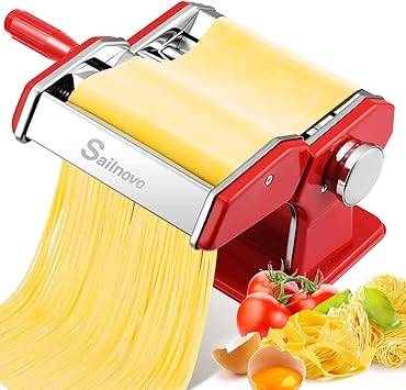 Sailnovo Pasta Maker Machine, 180 Aluminum Alloy Pasta Roller with 9 Adjustable Thickness Settings and 2 Cutter, Noodle Maker Perfect for Spaghetti, Fettuccini, Lasagna or Dumpling Skin, Gift(Red)