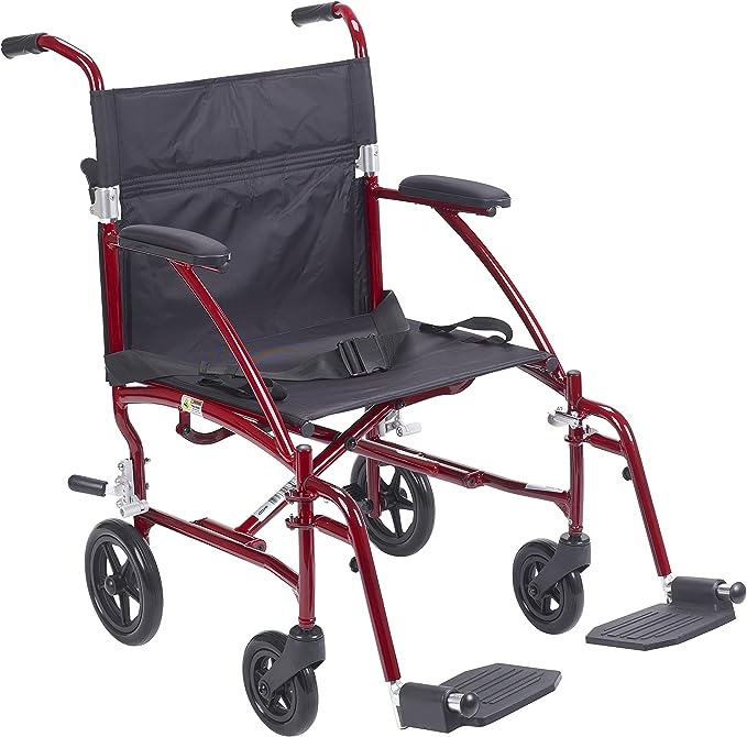 Drive Medical Fly Lite Ultra Lightweight Transport Wheelchair, Red Frame, 19", 1 Each 1 count