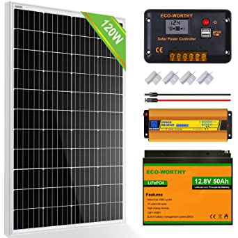 ECO-WORTHY 120W 0.5KWH/Day 12V Off Grid Complete Solar Power System Kit with Battery&Inverter: 120W Solar Panel 30A LCD Charge Controller 50AH 12V Lithium Battery  600W Inverter for Motorhome RV