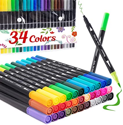 Dual Tip Brush Marker Pens 34 Color, Fine Point Brush Coloring Markers & Journal Planer Pen Set for Calligraphy, Coloring Books, Drawing, School Art Projects