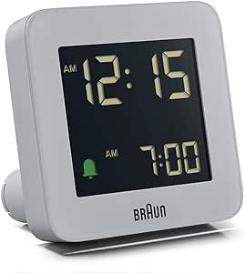 Braun Digital Alarm Clock with Snooze, Negative LCD Display, Quick Set, Crescendo Beep Alarm in Grey, model BC09G.