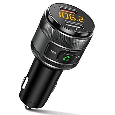 PERBEAT FM Transmitter Metal Top Hard ABS Bluetooth Car Transmitter Hands-free Phone Calling Car Kit Auto Adapter with QC3.0 & 5V/1A Charging Port and Built-in Microphone