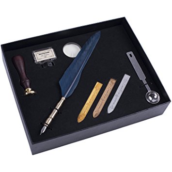 Lingery Feather Quill Pen and Wax Seal Stamp Kit Set 8 pcs in 1, Antique Calligraphy Dip Pen Set