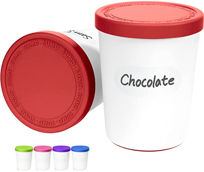 SUMO Ice Cream Containers for Homemade Ice Cream - 1 Quart Each, Erasable Labels, Reusable Pint Storage Tubs with Lids (2 Containers, Red)