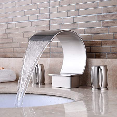 Elegant Nickel Brushed Widespread Waterfall Curved Spout Bathroom Sink Faucet Lavatory Bathtub Faucets Two Handles Three Holes,Brass and Stainless Steel