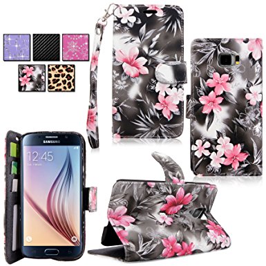 Galaxy S6 Case - Cellularvilla Pu Leather Wallet Flip Card Slots Open Pocket Case Cover Pouch for Samsung Galaxy S6 SVI (2015) Release (Black Pink flower)