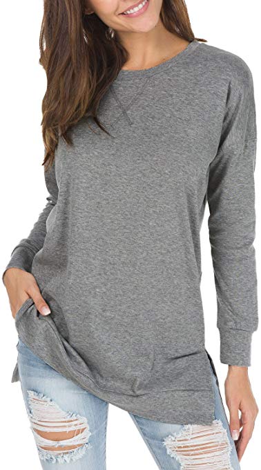 levaca Women's Fall Long Sleeve Side Split Loose Casual Pullover Tunic Tops