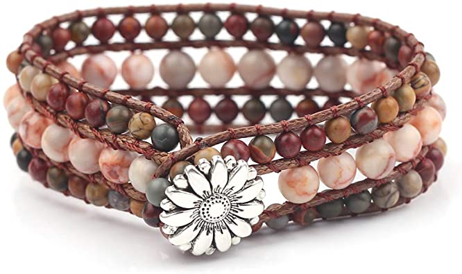 rongji jewelry Handmade Bohemian Natural Stones Bracelet - Leather Bracelet with Chakra and Beads Wrapped for Women and Girls