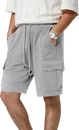 Mens Casual Sweat Cargo Cotton Shorts Drawstring Elastic Waist Athletic Workout Gym Jogger Shorts with 5 Pockets